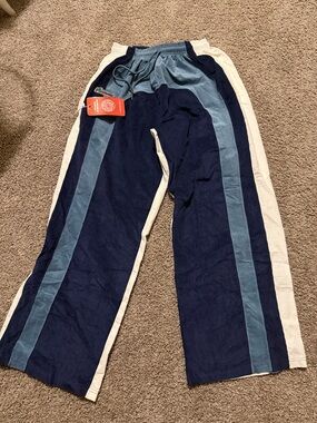 Unisex White Wide-Leg Track Pants with Navy and Light Blue Panels